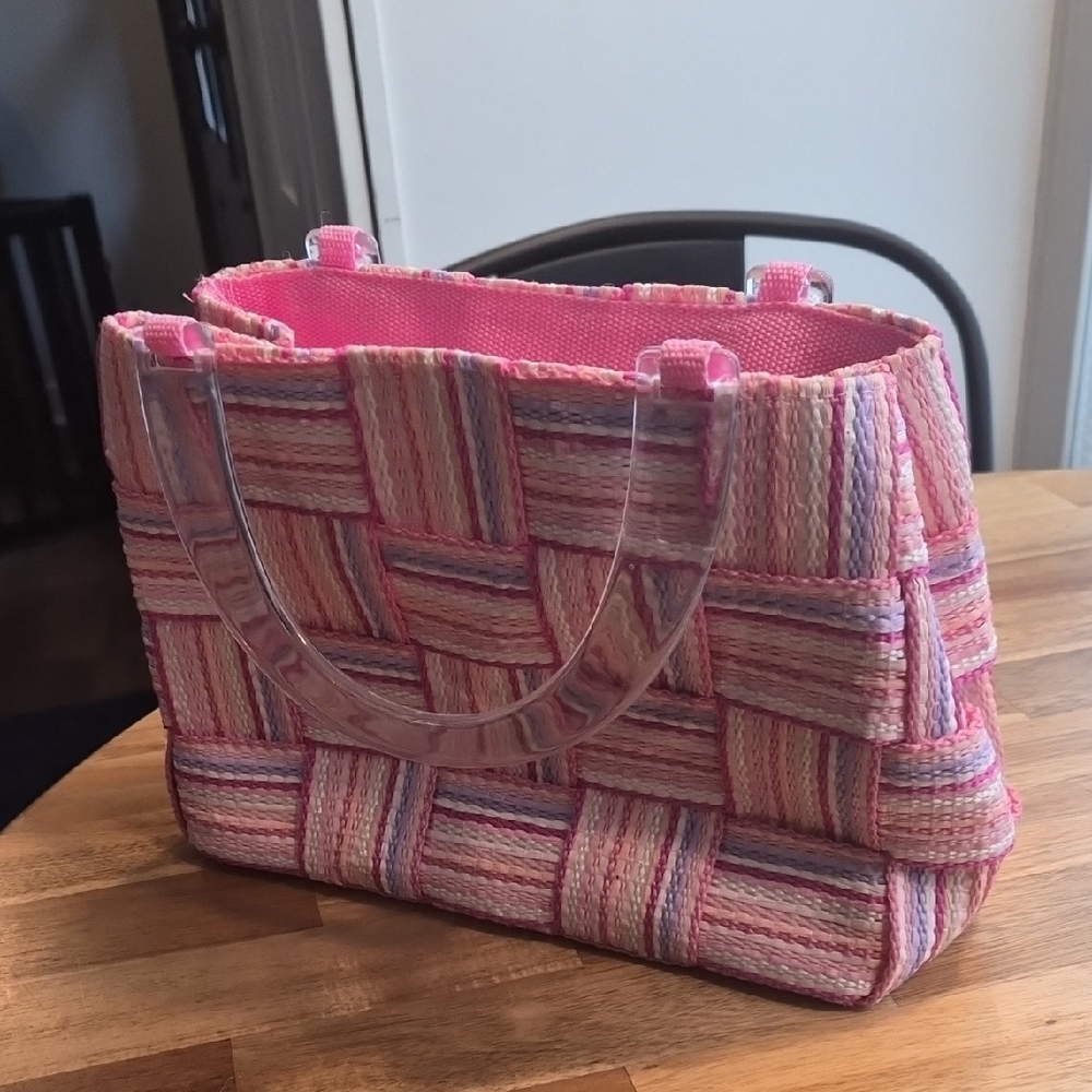 Chic Pink Striped Tote with Clear Handles